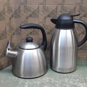 stainless steel whistling tea pot and new coffee carafe